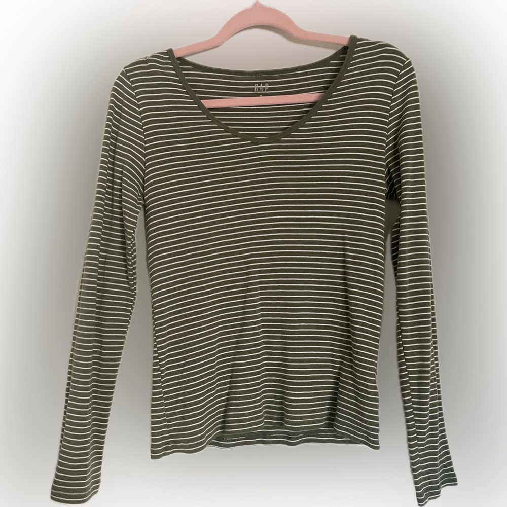 GAP medium green and white stripped long sleeve